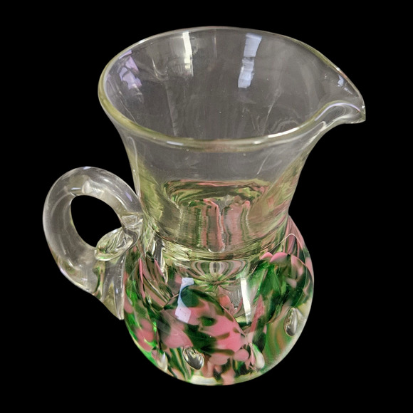 Handmade Art Glass Mini Pitcher Pink Green Controlled Bubble 4.5” Vintage - Picture 3 of 6